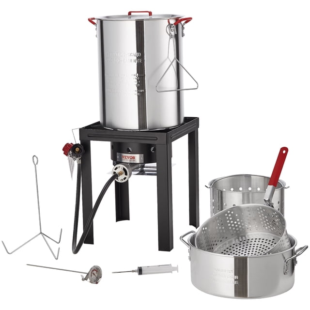 freidora de pavo vevor 30 cuartos y 10 cuartos aluminio olla de 30 cuartos sobre soporte negro y olla de 10 cuartos perforada a la derecha; accesorios visibles: canasta perforada, rejilla para pavo, termómetro de sonda, inyector de marinado, gancho y manguera con regulador; asas rojas y acabado en aluminio pulido, vista frontal sobre fondo blanco, ideal para freír pavo y pescado; a menudo usada también para cocinar mariscos al vapor al aire libre.