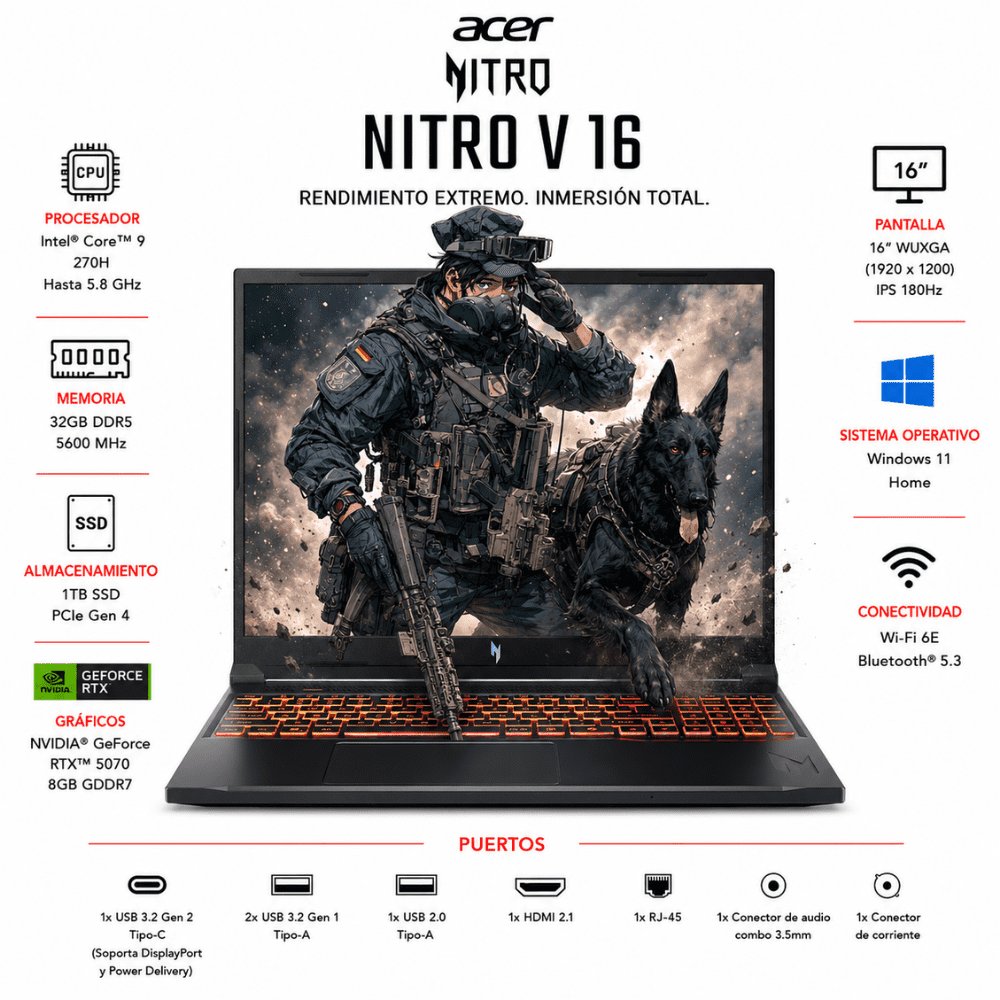 Laptop Gamer Acer Nitro V 16" WUXGA IPS Intel Core Ultra 9 270H NVIDIA GeForce RTX 5070 32GB DDR5 1TB SSD
