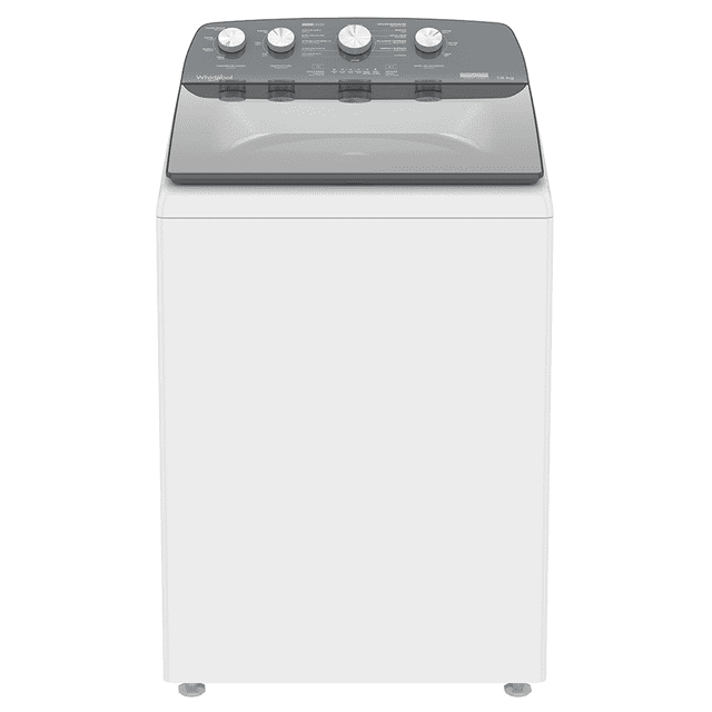 lavadora whirlpool 18 kilos 8mwtw1824wjm carga superior blanca vista frontal con cuerpo blanco y tapa superior Chrome Shadow gris, panel superior con cuatro perillas, texto de ciclos y luz indicadora, agitador Double Action visible bajo tapa translúcida y diseño de cierre suave; también es adecuada para lavar cobijas y ropa de cama voluminosas.