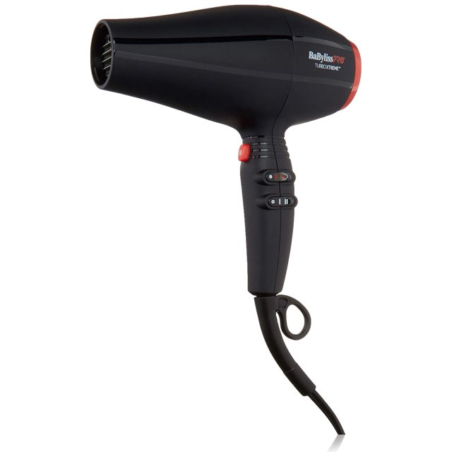secadora babylisspro turbo extreme babylisspro babylisspro turbo extreme dryer Secador BaBylissPRO Turbo Extreme blanco, vista 3/4 lateral con carcasa lisa y boquilla frontal circular, empuñadura con tres interruptores deslizantes y botón rojo, cable con anilla para colgar y logo BaBylissPRO en la parte trasera; especificaciones indicadas: motor AC 1875 W y generador iónico; suele usarse también para secado rápido en viajes o peinados de retoque.