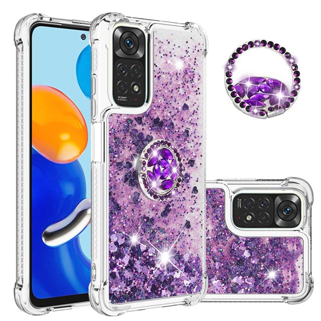 Funda para Xiaomi Redmi Note 11 4G/Note 11S 4G con Brillo Líquido Flotante, Purpurina, Parachoques y Anillo Giratorio Soporte