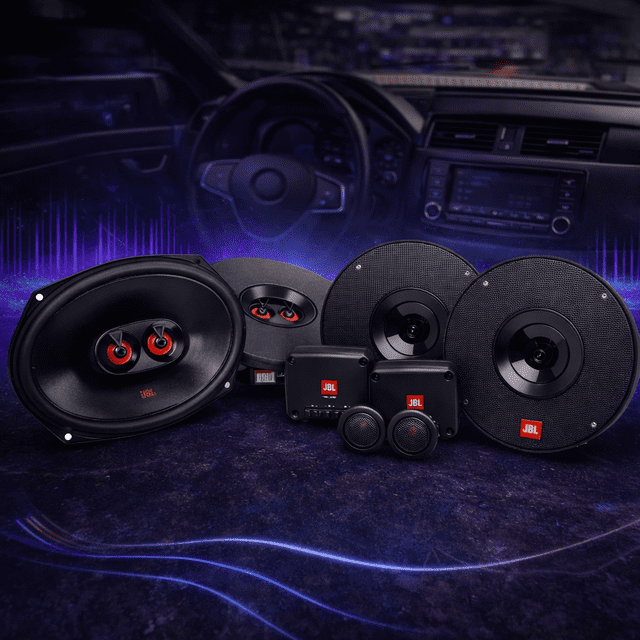 kit jbl línea gto set de medios 6.5 pulgadas + bocinas de 6x9 pulgadas Conjunto de audio para auto en negro, vista frontal centrada con dos bocinas redondas de 6.5" con rejillas, dos bocinas ovaladas 6x9" con conos negros, dos tweeters de cúpula y dos crossovers compactos con logo JBL; su tamaño lo hace adecuado para montaje en puertas y bandeja trasera.