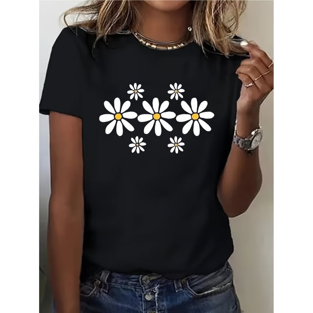 Camiseta de Manga Corta con Estampado Floral de Margaritas Negras para ...