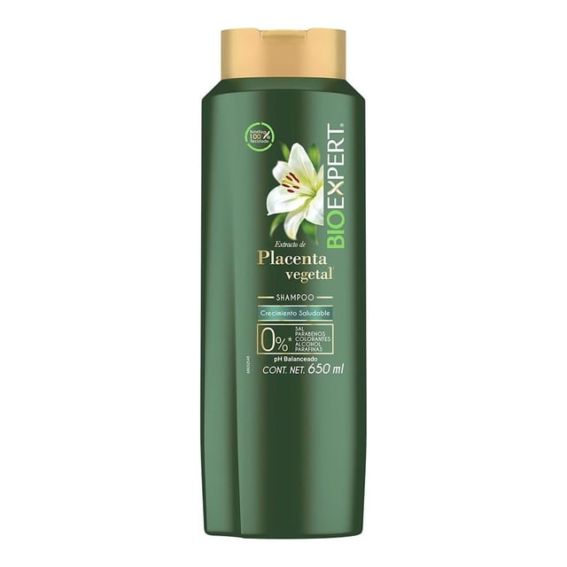 shampoo bioexpert shampoo 650 g Botella verde frontal de 650 ml con tapa dorada; etiqueta vertical con logo Bioexpert, texto "Extracto de Placenta vegetal" y una flor blanca; legible "0% sal, parabenos, colorantes, alcohol ni parafinas" y "pH balanceado". Fondo blanco. Suele utilizarse en rutinas para nutrir y promover crecimiento de cabello largo.