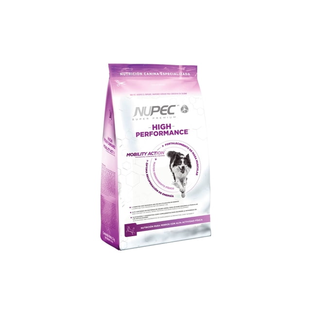 alimento para perro nupec high-performance raza mediana 8kg bolsa 3/4 frontal blanca y morada con logo NUPEC y texto High-Performance, foto de un perro mediano corriendo; destaca protección articular y digestiva, refuerzo muscular y menciona glucosamina y L-carnitina.