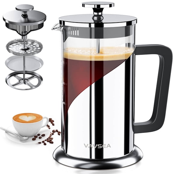 VAVSEA Cafetera de Prensa Francesa de 1.05L, Prensa Francesa de Borosilicato Espesado y Acero Inoxidable 304 para Viajes y Uso Doméstico, Aafetera Francesa, Apta para Lavavajillas, Plateada