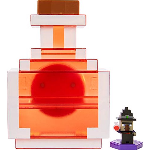 mattel minecraft lleva consigo poción más mini figura exclusiva Estuche con forma de poción naranja translúcida pixelada, vista frontal; tapa ámbar enroscable, capacidad para hasta 5 mini figuras Boost y ranuras para Minis NFC. A la derecha, mini figura Witch Boost exclusiva sobre base morada con gorro puntiagudo. A menudo usado para transportar y mostrar figuras de acción coleccionables.