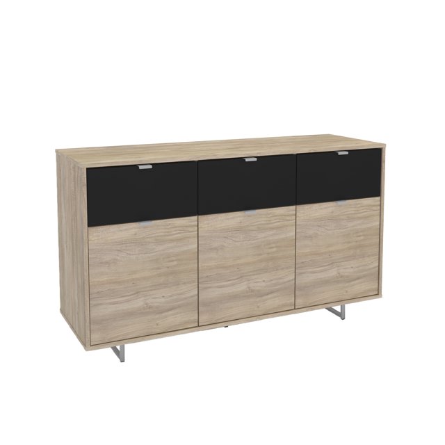 mueble para sala lima miel loomber Mueble de almacenamiento bicolor en roble claro y frentes negros, vista frontal centrada; cuerpo rectangular con tres puertas inferiores de veta visible, tres puertas superiores negras con tiradores metálicos y patas metálicas en U, diseñado para sala o comedor y para ampliar el espacio de organización; a menudo se usa también como mueble auxiliar para TV o consola de entrada.