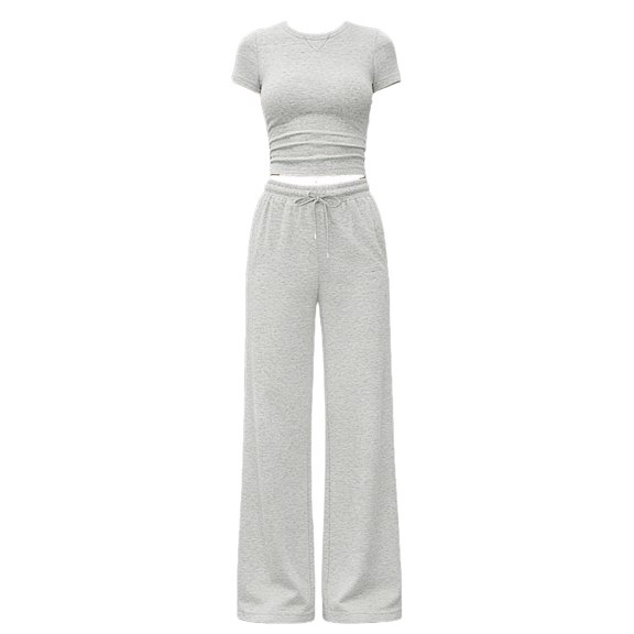 TaTaai Women's Summer Casual Outfit Set Crew Neck Short Sleeve Top and Solid Wide Leg Pants with Pockets Button Detail Matching Lounge Wear Two Piece Set Gift