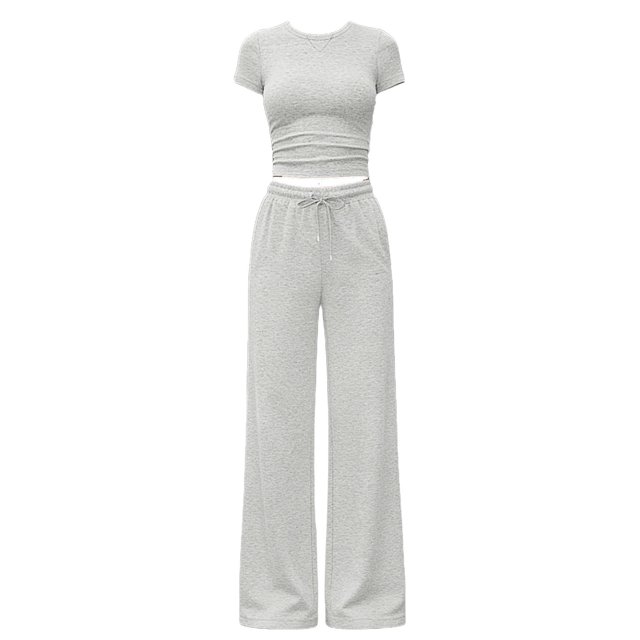TaTaai Women's Summer Casual Outfit Set Crew Neck Short Sleeve Top and Solid Wide Leg Pants with Pockets Button Detail Matching Lounge Wear Two Piece Set Gift