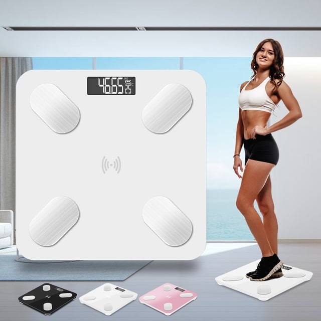 báscula corporal bluetooth Xihbxyly, negro recargable por USB con pantalla LCD superior, vista frontal de plataforma cuadrada con cuatro electrodos metálicos y icono de sincronización; muestra peso y porcentaje corporal; mide 25 datos básicos y sincroniza con la app; adecuada para control rutinario de salud en el hogar.