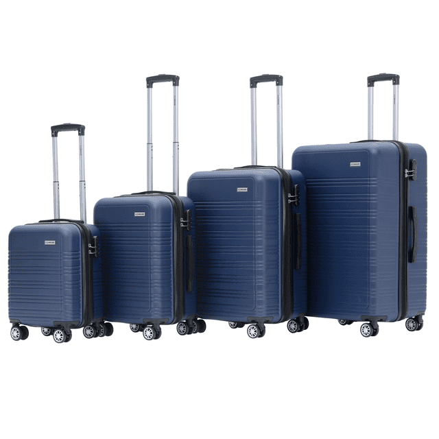 set de 4 maletas compass montevideo color azul con ruedas 360° Conjunto frontal de cuatro maletas rígidas azules (28", 24", 20", 16") con estrías horizontales, ruedas giratorias 360°, mangos telescópicos ajustables, asas superior y lateral y cerradura de combinación; interior con forro poliéster 210D y correas cruzadas para organización; también suelen usarse para trasladar equipo personal o electrónico en viajes cortos.