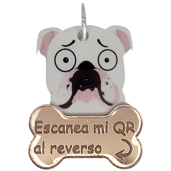 Placa DE Identificación Inteligente TQR BY FAKIRGEEK para Mascotas QR Perro Gato Bulldog Ingles Rosa Blanco