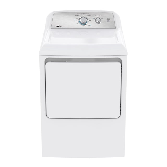 secadora mabe 20 kg blanca sme26n5mnbbt0 eléctrica carga superior, vista frontal con puerta metálica reversible y jaladera pocket, tambor con recubrimiento anticorrosión y filtro atrapa pelusas; panel superior con 2 perillas y botón para 3 niveles de temperatura, secado por tiempo y 18 configuraciones incluidas 4 programas automáticos y ciclo sanitizado que elimina 99.9% de bacterias; adecuada también para secar ropa de cama y prendas voluminosas.