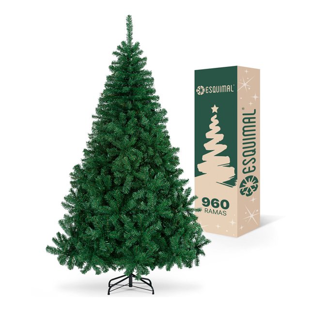 arbol de navidad pino navideño frondoso esquimal verde, 1.90m 960 ramas Árbol artificial Esquimal verde de 1.90 m con 960 ramas de PVC, vista frontal cónica y frondosa; base de hierro en X visible, ramas plegables por secciones y caja con logo Esquimal al fondo; ideal para salas medianas y también usado en exhibiciones temporales.