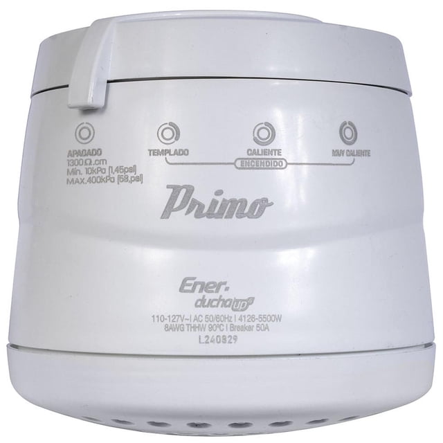 regadera eléctrica de 4 temperaturas , primo esencial, iusa blanca — vista frontal centrada de la regadera blanca con logotipo Primo y texto técnico impreso; carcasa cilíndrica con palanca superior y cuatro indicadores serigrafiados para apagado, templado, caliente y muy caliente; especificada para baja presión y con resistencia reemplazable, ideal para ducha con control de temperatura.