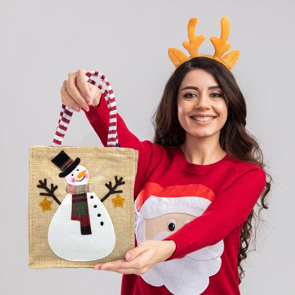 Bolsa Navideña de Yute con decoración Cosida Muñeco de Nieve