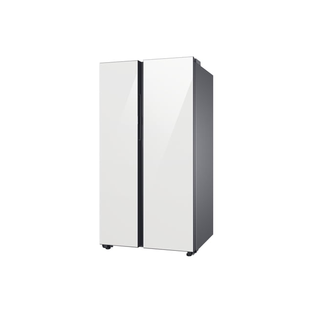 refrigerador samsung bespoke side by side 28 pies cúbicos color blanco nieve, vista frontal centrada de doble puerta vertical con frente liso blanco y costados gris; tiradores empotrados y puerta de apertura automática que libera las juntas para abrir con menos esfuerzo; diseñado para crear una cocina personalizable y moderna.