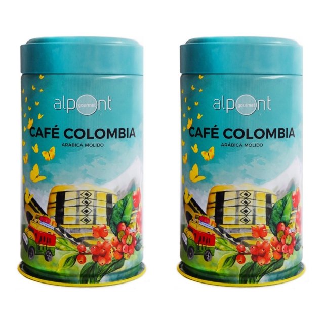 alpont gourmet café colombia molido 250 gramos 2 piezas par de latas frontales turquesa con tapa, etiqueta 'Café Colombia Arábica Molido', ilustración de cafeto con frutos rojos, una chiva y montañas en la base; adecuado para preparar café de filtro o prensa.