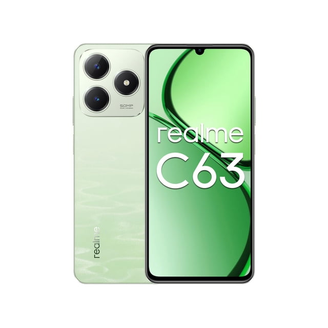 realme c63 8gb ram 256gb verde teléfono inteligente, vista frontal y trasera centrada; pantalla grande con muesca en gota y fondo verde, panel trasero texturizado verde con módulo de cámara grande y varios lentes, logo Realme en la esquina inferior; según especificaciones incluye AI Boost y sensores de luz dual con IA para rendimiento en juegos y mejor visibilidad; también suele usarse para consumo multimedia en viaje.