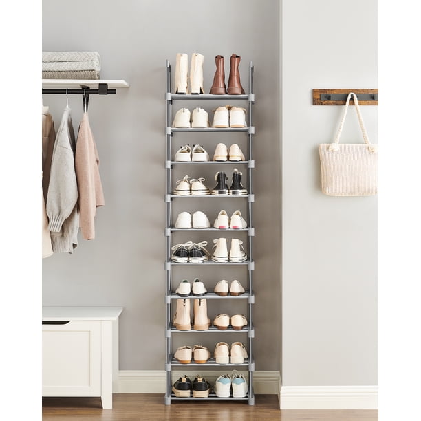 SONGMICS Zapatero de Metal de 10 Niveles, diseño Personalizable, Ahorro de Espacio y Estante versátil, para Sala de Estar, Dormitorio, 17.7 x 11.8 x 68.5 Pulgadas, Gris