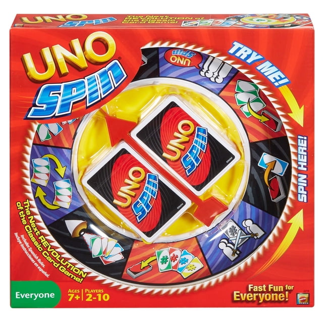juego de cartas mattel games uno: spin con rueda giratoria y 112 cartas caja frontal que muestra la rueda giratoria amarilla en el centro, dos pilas de cartas UNO Spin visibles, tablero circular con segmentos de acciones impresas y fondo rojo; indicado para 2–10 jugadores, edades 7+, y también apto para noches de juego en familia.