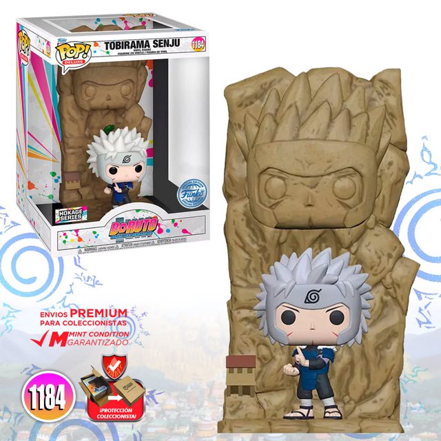 funko pop tobirama senju #1184 deluxe boruto anime original funko naruto next generations figura coleccionista multicolor, vista frontal centrada de la figura Pop! Deluxe con cabello gris puntiagudo, protector frontal con símbolo de Konoha, túnica azul y base vertical que simula una estatua de piedra; caja con ventana transparente al fondo. Listado como Mint Condition y embalado con plástico burbuja para traslado seguro; a menudo usado para exhibición en vitrinas de colección.