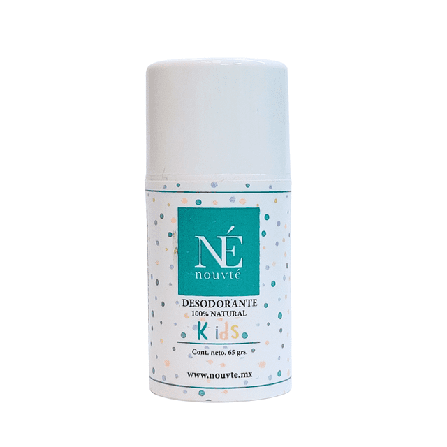 nouvté kids desodorante natural en crema para niños 65 gr envase blanco cilíndrico, vista frontal con etiqueta verde 'NÉ nouvté' y texto 'DESODORANTE 100% NATURAL Kids' sobre fondo de puntos pastel; formulado para pieles sensibles, libre de aluminio y parabenos, protege contra bacterias causantes del mal olor; también suele usarse en adolescentes con piel sensible.