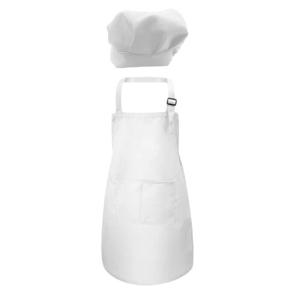 Conjunto de delantal y gorro de chef para niños de 3 a 13 años con babero ajustable y bolsillo. Blanco M