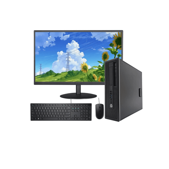 pc hp elitedesk 600 g2 reacondicionado, torre negra vertical HP EliteDesk 600 G2 con panel frontal ventilado y botones, monitor de 19 pulgadas frente con imagen paisajista, teclado y mouse negros en primer plano; se aprecian puertos USB frontales. Equipo para oficina, multitarea y sistemas punto de venta, con opciones de almacenamiento SSD o HDD y puertos DisplayPort y VGA según modelo.