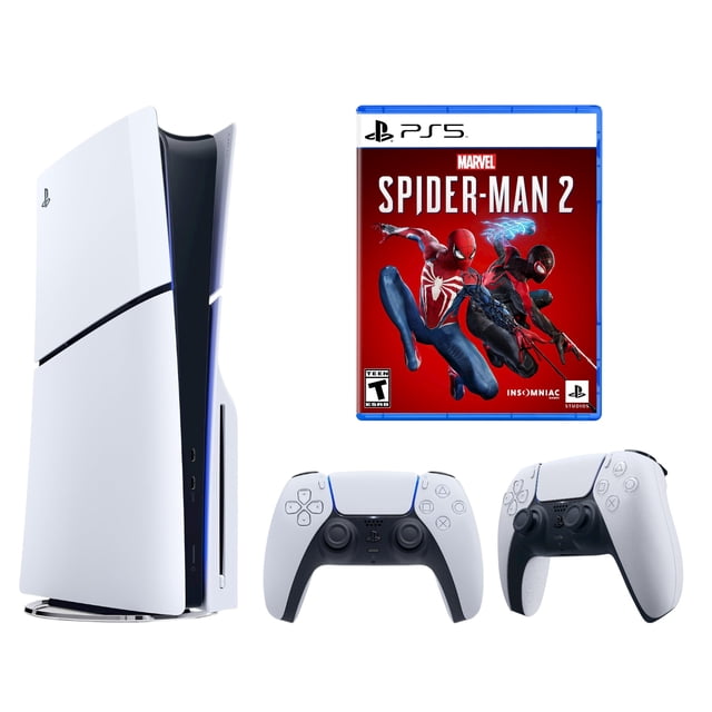 consola sony playstation 5 slim (1tb, disco) con videojuego marvel spider-man 2 y control inalámbrico dualsense extra (blanco) Vista 3/4 frontal de la consola PS5 Slim blanca con lector de discos a la izquierda, caja del juego Marvel’s Spider-Man 2 arriba a la derecha y dos controles DualSense blancos en primer plano; acabado curvo blanco visible, incluye control extra y almacenamiento 1TB SSD según especificaciones.
