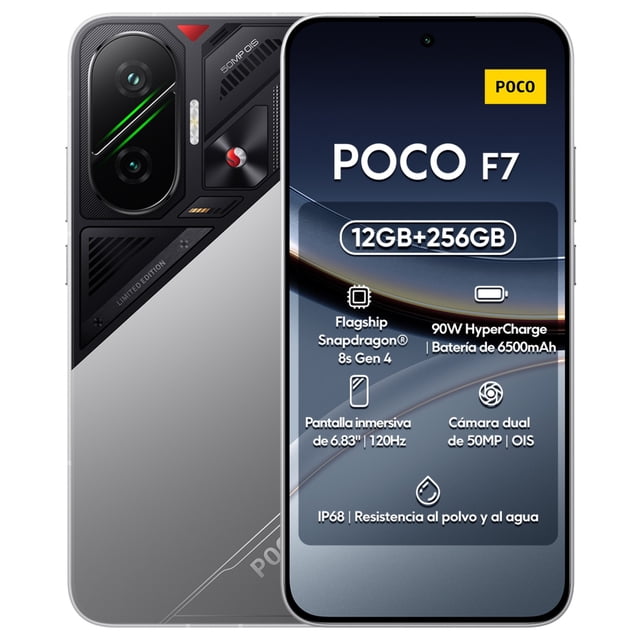 smartphone xiaomi poco f7 dual sim 256 gb plateado 12 gb ram, vista frontal y posterior 3/4; pantalla AMOLED de 6.83" encendida con notch central y rótulo 12GB+256GB, reverso plateado con módulo de cámara dual y acentos negros, especificado con cámara de 50MP, batería de 6500mAh, compatibilidad 5G, sensor de huella y reconocimiento facial según especificaciones. También suele emplearse como teléfono principal para crear y compartir contenido multimedia en movimiento.