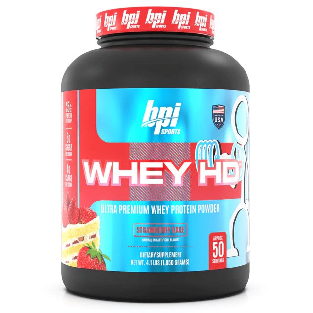 bpi whey hd bpi sports strawberry cake 4,1 lbs Frontal de un envase negro de 4,1 lb de BPI Sports WHEY HD sabor strawberry cake, etiqueta azul y roja con logo WHEY HD en blanco, gráfico de pastel de fresa y texto que indica 25 g de proteína por porción y 50 porciones aproximadas; tapa roja con marca, fondo blanco.