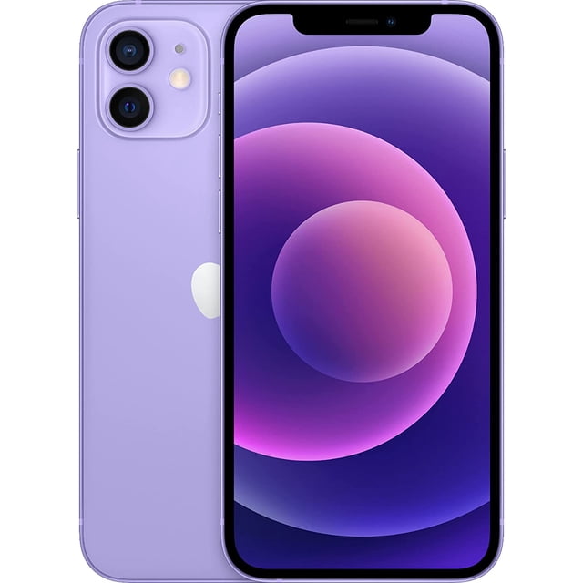 apple iphone 12 128 gb purpura reacondicionado Tipo A Vista frontal y trasera de iPhone 12 color púrpura con pantalla de 6.1"; doble cámara trasera y logo Apple, 128GB de almacenamiento, equipo liberado para cualquier compañía, estética 9.5–10 y batería 80–99%; adecuado como teléfono de viaje.