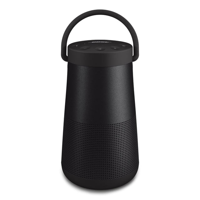 bocina bose bluetooth usb b 3.5 mm soundlink revolve+ 2. bose revolve+ ii altavoz Bluetooth SoundLink Revolve+ II negro, vista frontal centrada con asa flexible en la parte superior, forma cilíndrica cónica, rejilla perforada en la mitad inferior y panel superior con botones táctiles y logo Bose; pensado para sonido 360° en el hogar y eventos, resistente al agua según especificaciones.