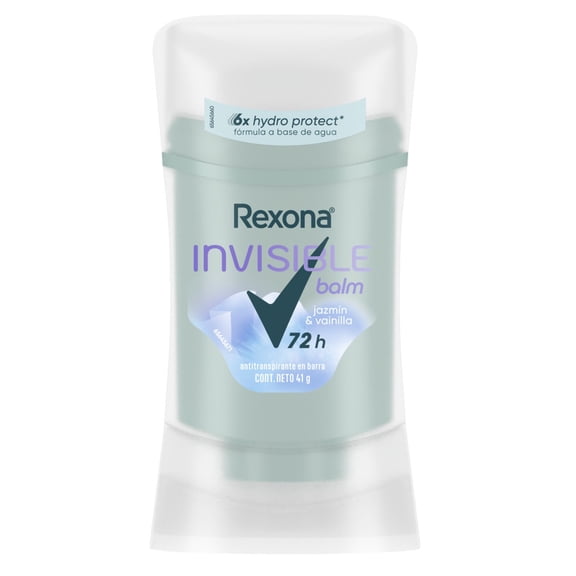 Antitranspirante en Barra Rexona Women Invisible Balm Jazmín & Vainilla, 72 h de protección contra el sudor y el mal olor fórmula a base de agua con tecnología 6X Hydro Protect* 41 g