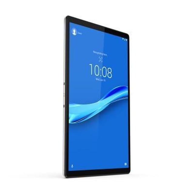 tablet tab m10 fhd plus (2nd gen) lenovo za5t0424mx - 4 gb, mediatek helio p22t, 10.3 pulgadas: vista 3/4 frontal de la tableta color gris Platinum, pantalla vertical 10.3" FHD (1920x1200) con biseles delgados y fondo azul; borde lateral con controles, carcasa delgada. Ideal también para usar como tablet de entretenimiento o lectura portátil.