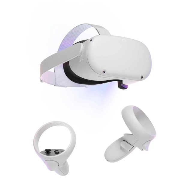auriculares de realidad virtual oculus quest 2 256gb reacondicionados grado A, vista frontal centrada del visor blanco con diadema ajustable y almohadilla interior negra; dos mandos inalámbricos con fundas antideslizantes de silicona y correas ajustables en los nudillos, fondo blanco. También suelen usarse para demostraciones de realidad virtual y pruebas de juego.