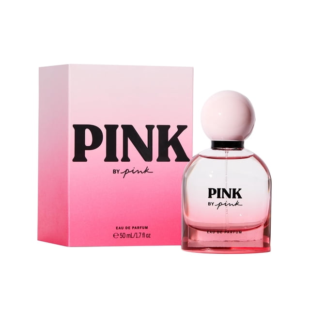 perfume victoria's secret pink by pink eau de parfum, 50 ml Frontal del set: caja rosa degradada y frasco transparente con líquido rosado y tapa esférica rosa mate; logo PINK by pink en negro visible en el frente, producto centrado sobre fondo blanco. Su tamaño de 50 ml (1.7 fl oz) aparece impreso en la caja.