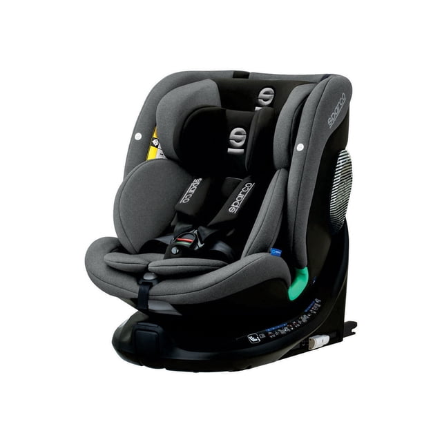 sparco silla de auto sk7000i rapid infantil rotación 360° con isofix gris, vista frontal 3/4 de una silla giratoria con base negra y pata de apoyo Isofix, arnés de 5 puntos con hebilla central y reposacabezas ajustable en múltiples posiciones; laterales acolchados con espuma EPP visibles y tejido gris texturizado. Adecuada también como asiento de viaje compacto para traslados cortos.