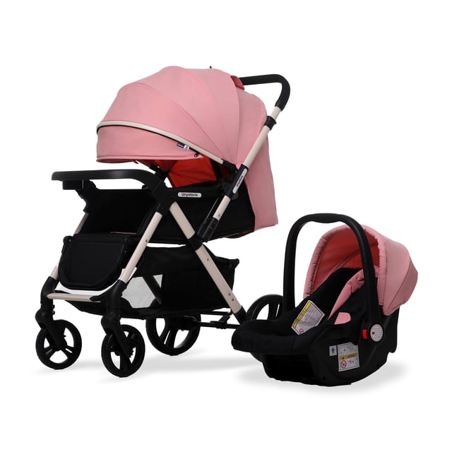 carriola con sistema de viaje para bebé unyotons portabebe rosa Carriola y portabebé rosa en vista 3/4 con capota extensible, armazón claro y detalles negros, asiento reclinable en 3 posiciones y cinturón de seguridad de 5 puntos; amplia canastilla inferior, mango reversible acolchado, ruedas con amortiguadores; medidas carriola 104 x 61 x 78 cm y portabebé 52 x 42 x 62 cm. También suele usarse como opción práctica para viajes cortos con recién nacido.