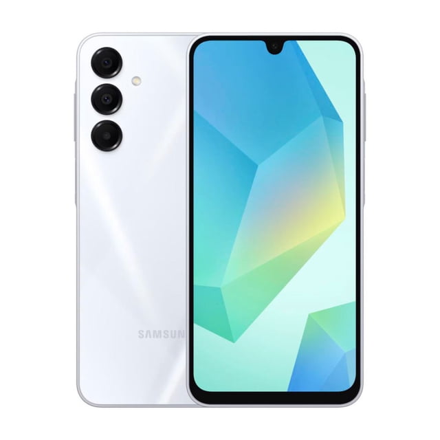 samsung galaxy a16 4gb ram 128gb gray, teléfono gris con vista frontal y trasera centrada, pantalla encendida con muesca en forma de gota, marcos delgados, trasera con triple cámara vertical y logo Samsung visible; suele usarse para llamadas, navegación y multimedia.