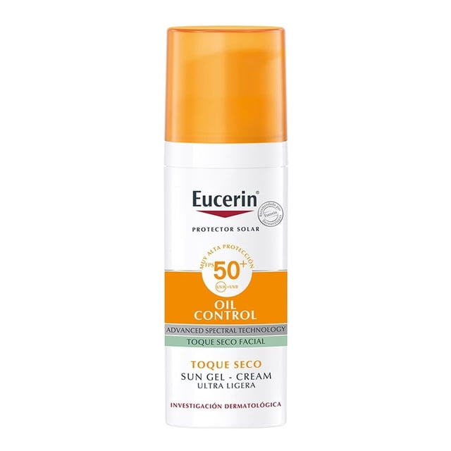 protector solar facial eucerin control de brillo para piel grasa fps 50 50 ml envase cilíndrico blanco con tapa naranja, vista frontal con logotipo Eucerin y rótulo '50+ Oil Control' y 'toque seco'; textura ultra ligera de rápida absorción para piel mixta a grasa, efecto matificante que controla el brillo hasta 8 horas, 50 ml.