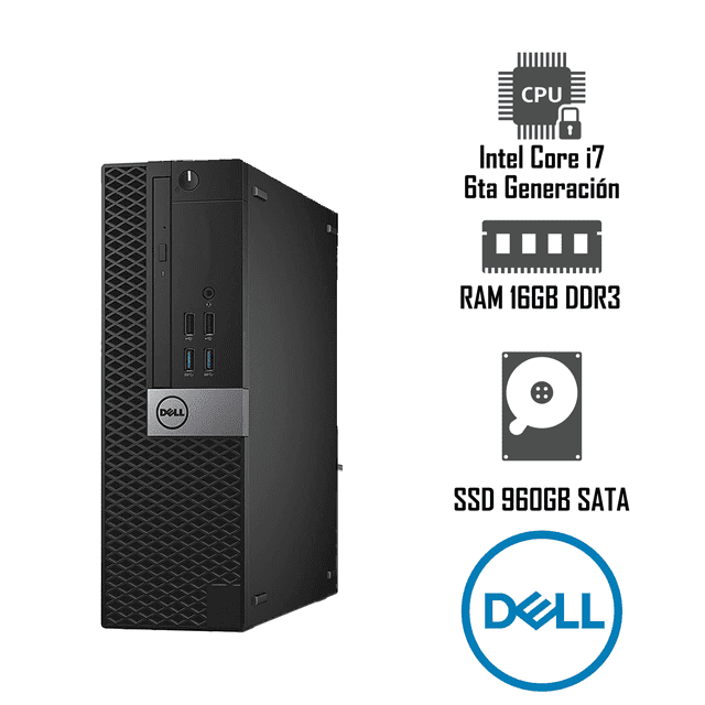 desktop cpu dell optiplex intel core i7 ram 16gb ssd 960gb (reacondicionado) Reacondicionado torre Dell Optiplex negra, vista frontal 3/4 con botón de encendido, lector óptico, puertos USB frontales (incluye USB 3.0 azules), VGA y DisplayPort señalados en el lateral, y logo Dell; texto gráfico a la derecha muestra Intel Core i7 6.ª generación, RAM 16GB DDR3 y SSD 960GB SATA. Fondo blanco; ideal para computadora de escritorio en oficina y hogar, también apta para tareas administrativas y navegación diaria.