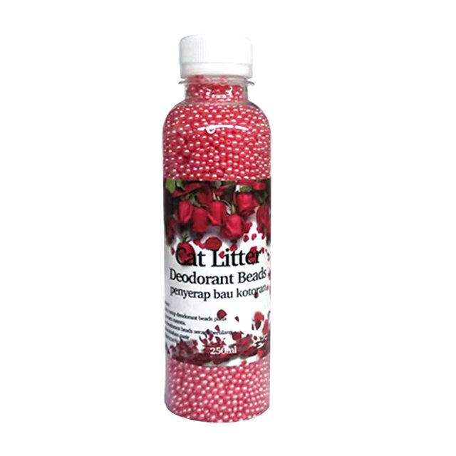 arena para gatos arena para gatos camas desodorantes eliminadores de olores fáciles de usar elimina el olor rosa Botella cilíndrica frontal con cuentas desodorizantes rosas de sílice visibles a través del plástico y etiqueta con rosas, tapa blanca; tamaño 17 x 5 cm, diseñada para adsorber olores en cajas de arena y camas de gato durante aproximadamente 3–6 horas según el uso; a menudo usada también para refrescar pequeñas áreas de la habitación de mascotas.