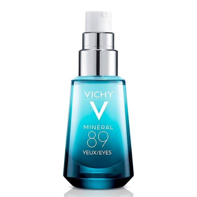 serum para ojos vichy minéral 89 15 ml frasco azul degradado con dosificador de bomba plateada y tapa blanca, vista frontal centrada que muestra el logotipo Vichy y el texto del envase; suero para contorno de ojos con ácido hialurónico que hidrata 24 horas, suaviza líneas finas y reduce ojeras.