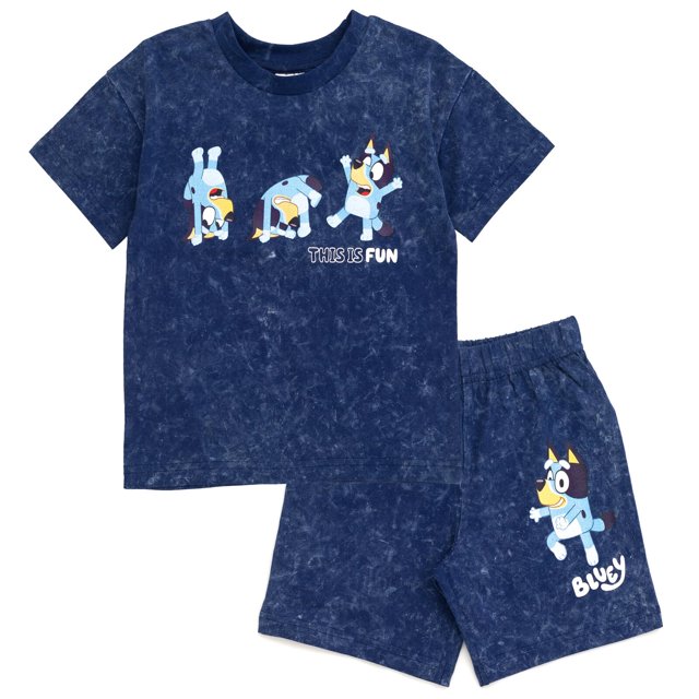 conjunto de atuendo bluey, camiseta vintage wash 3t para niños pequeños azul, vista frontal centrada de camiseta y pantalones cortos; camiseta de cuello redondo con efecto lavado vintage y estampado digital de Bluey en tres poses con la frase “THIS IS FUN”, pantalones cortos a juego con cintura elástica y gráfico de Bluey en la pernera, tejido 100% algodón, ideal para uso diario y juego activo.