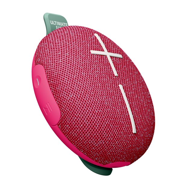 altavoz bluetooth ultimate ears miniroll resistente al agua rosa vista 3/4 frontal del altavoz portátil MINIROLL rosa con rejilla textil, botones de volumen en forma de cruz blancos, correa de sujeción verde y controles laterales de silicona; especificado IP67 y alcance de 131 ft (131.2 ft); a menudo usado como altavoz de viaje compacto.