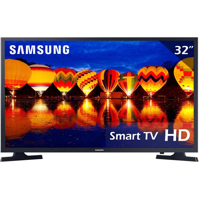 pantalla samsung be32t-b 32 hd smart tv hdmi vista frontal centrada de TV LED negro 32" con bisel estrecho y soportes en T, logotipo Samsung en el marco inferior, pantalla muestra globos aerostáticos coloridos y rótulo 'Smart TV HD'; a menudo usada para streaming y conexión por HDMI.