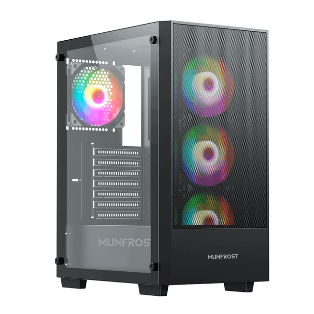 gabinete munfrost alpha black / cristal templado / argb sync / controlador de ventiladores / atx - micro atx - mini itx Gabinete mid-tower negro, vista frontal 3/4 con panel lateral de vidrio templado; tres ventiladores ARGB de 120 mm visibles tras malla frontal y uno trasero ARGB, incluye controlador y control remoto. Compatible con placas ATX, Micro ATX y Mini ITX, apto para refrigeración líquida y adecuado para ensamblajes minimalistas listos para usar.